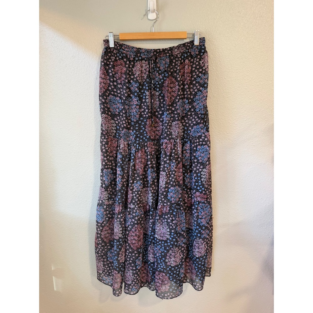 Maeve Floral Tiered Maxi Skirt Women XS Black Pink Blue Boho Chiffon Lined